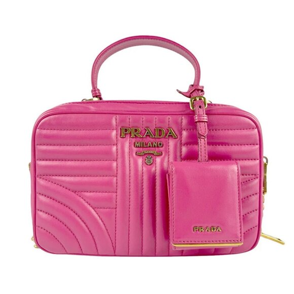 Auth PRADA Logo Handbag Shoulder Bag Pink Leather/Goldtone - z4218
